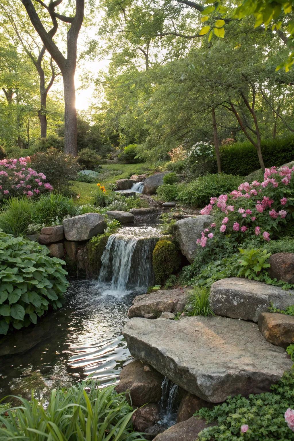 A serene waterfall cascading over natural stones, bringing tranquility to the garden.