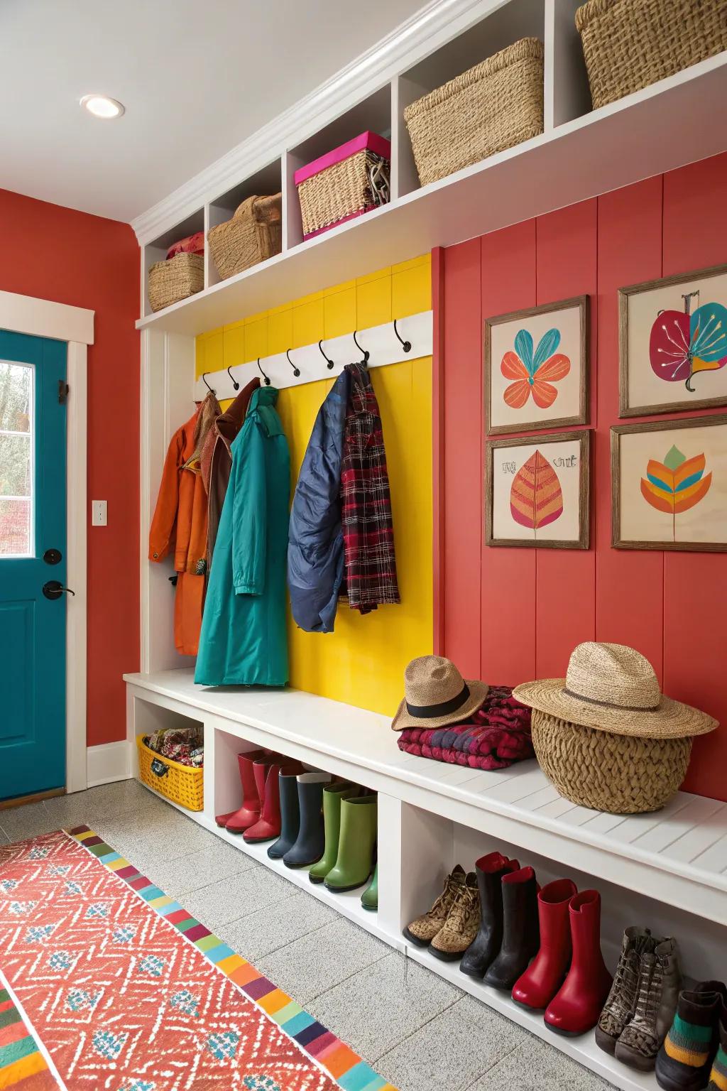 Mudroom with bold-colored walls that add personality and vibrancy to the space.