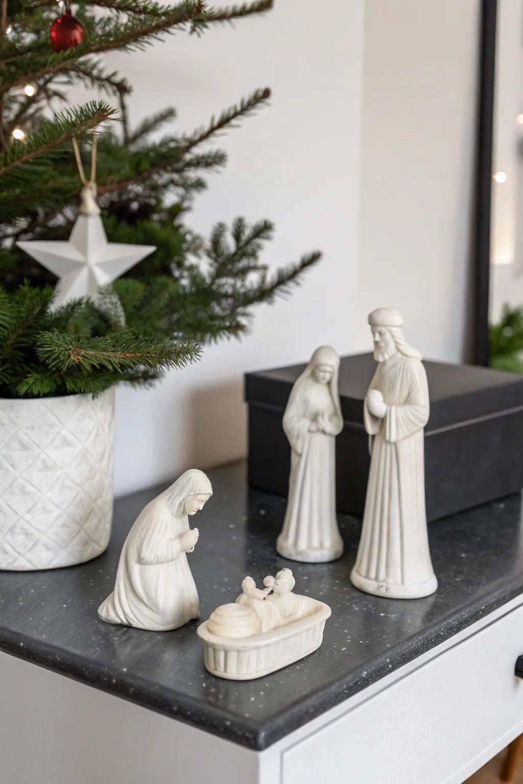 A minimalist setup highlights the simplicity and beauty of the nativity.