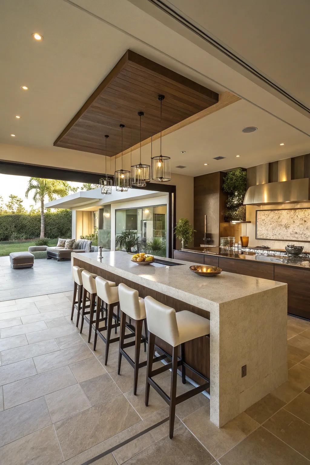 A kitchen island serving as a multifunctional centerpiece.