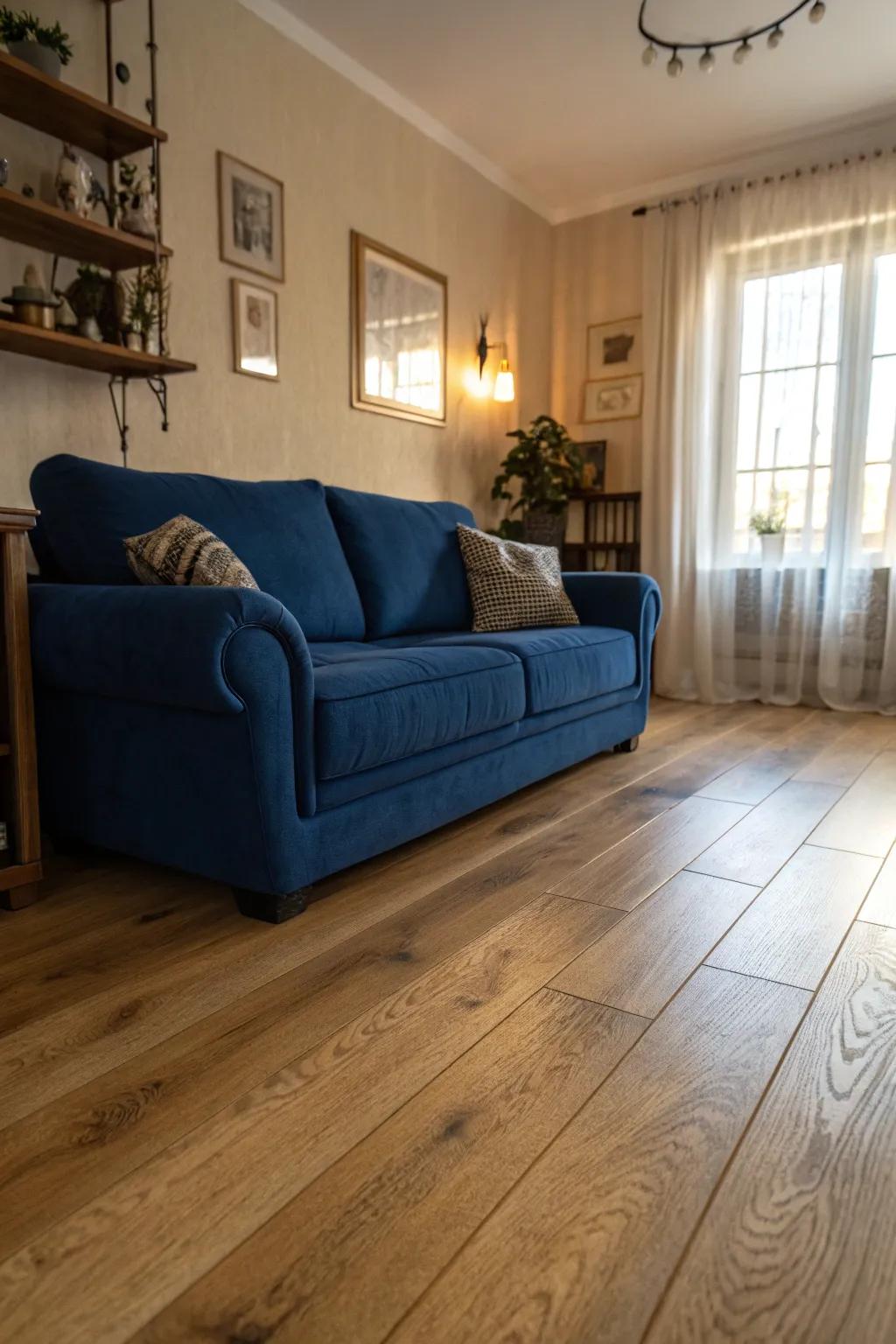 Bold furniture choices create a striking contrast with oak flooring.