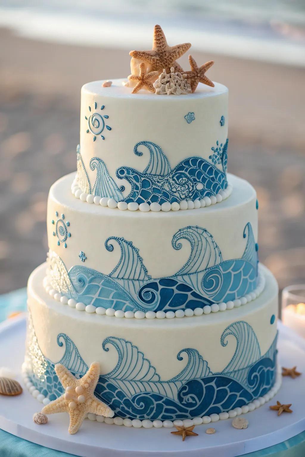 A cake that captures the essence of the ocean with its wave-like design.