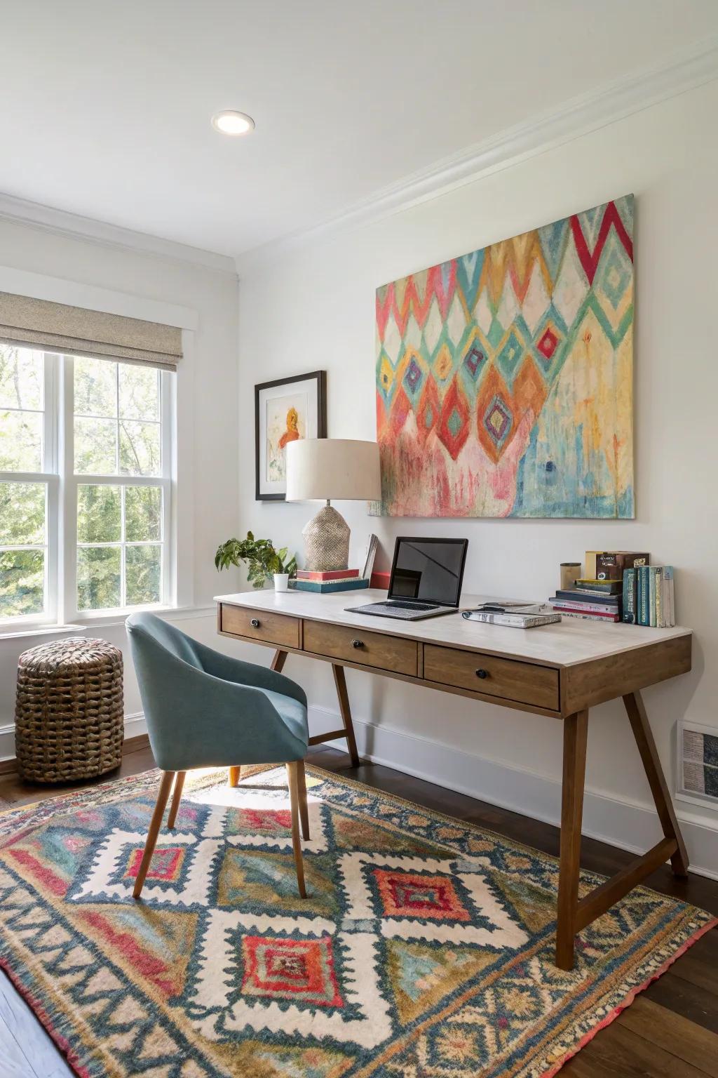 Bring personality to your office den with artwork and rugs.