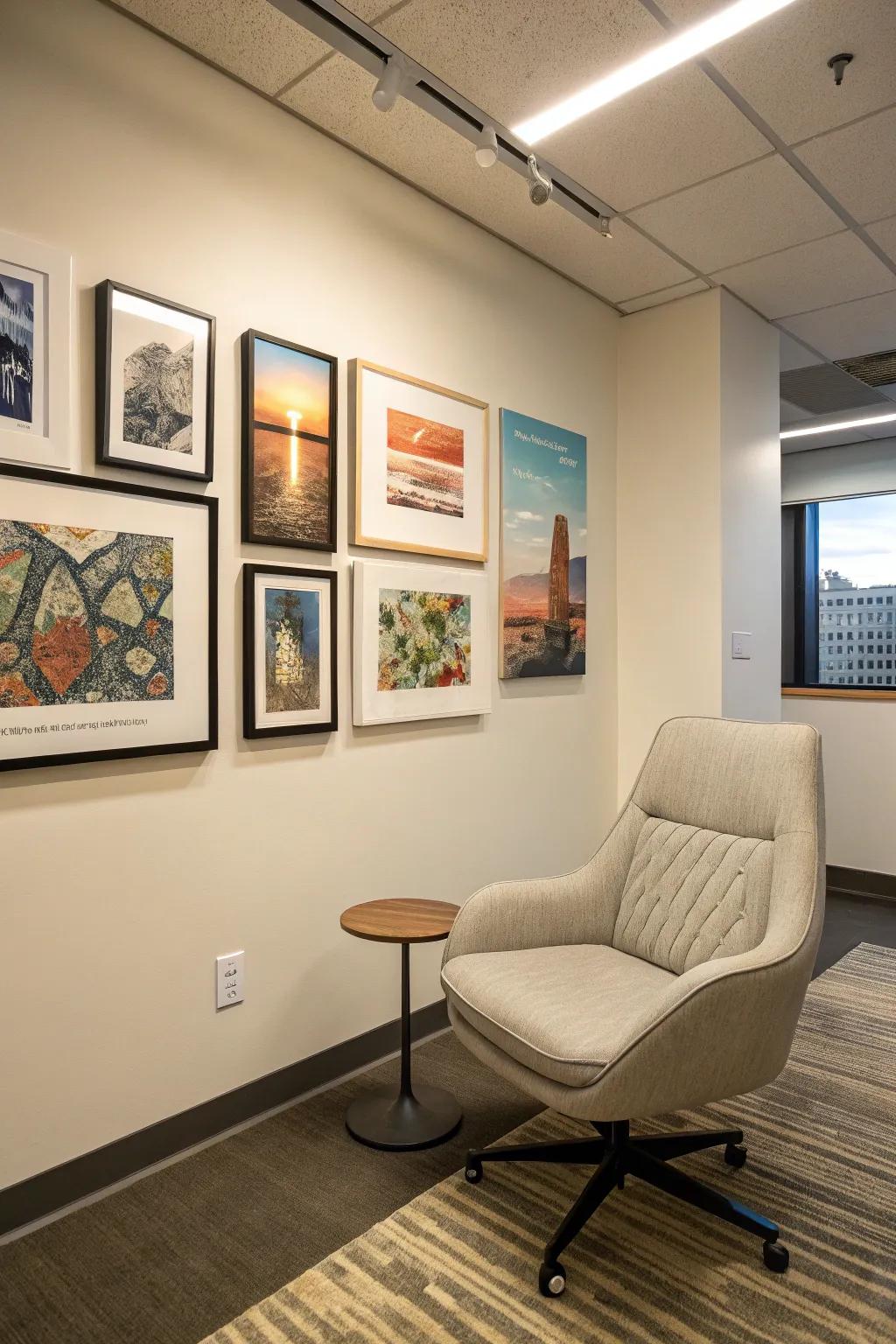 Art above the reading chair contributes a personal and artistic element to the space.