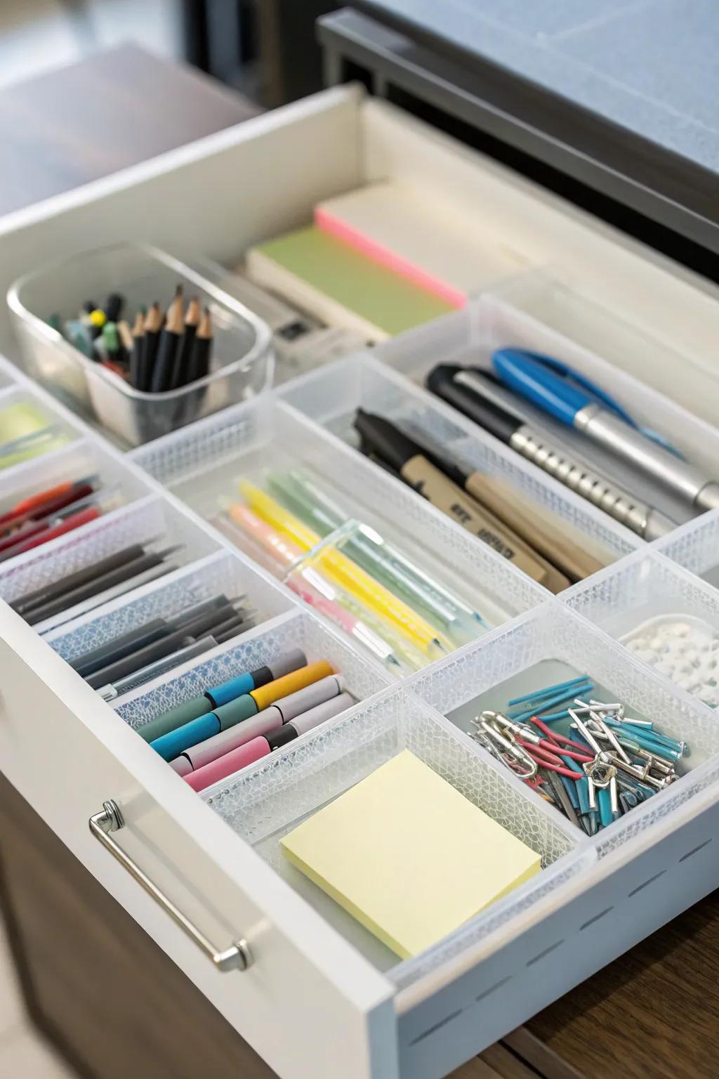 A drawer organizer keeps office supplies neat and accessible.