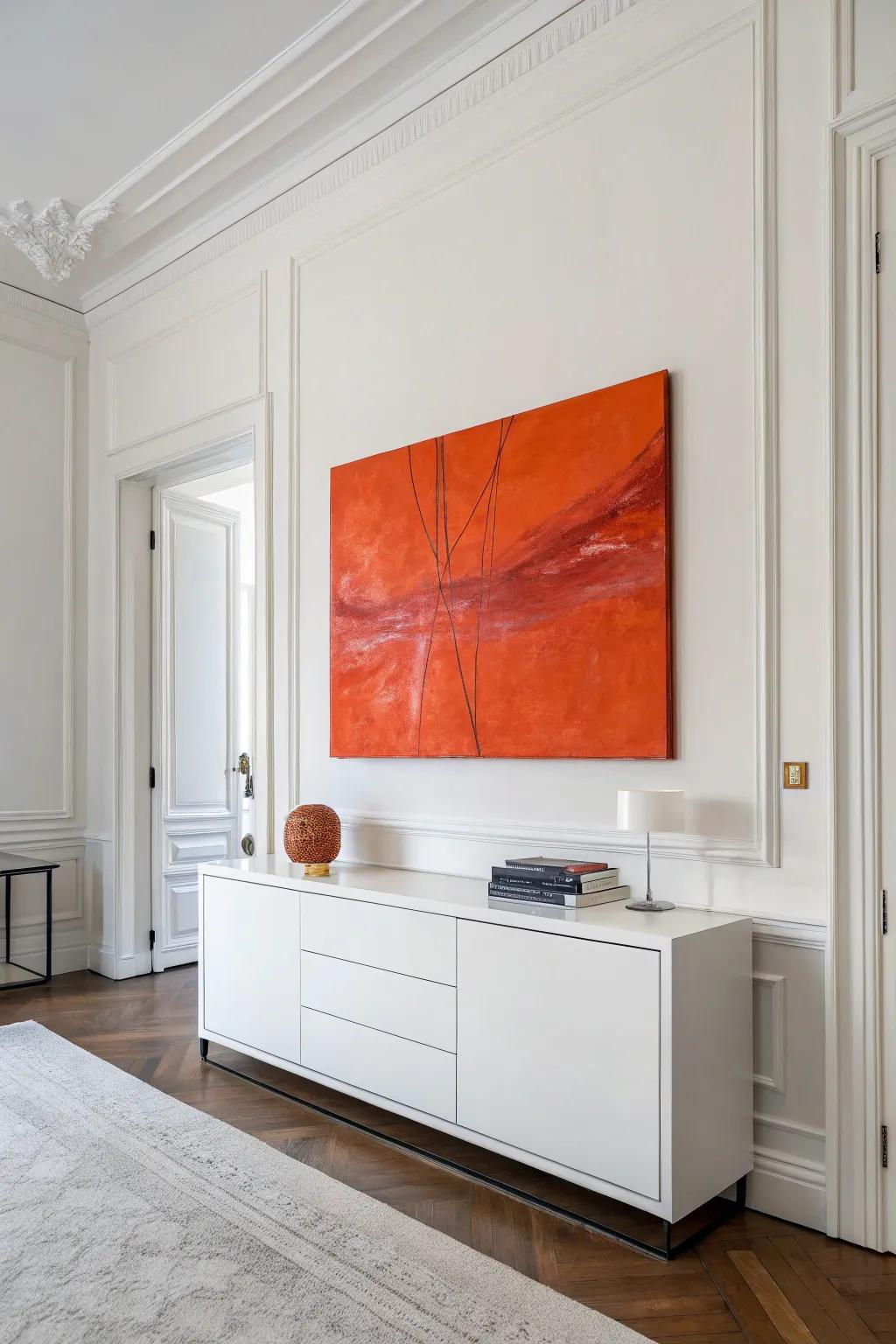 An eye-catching orange abstract print that introduces modern style to a minimalist area.