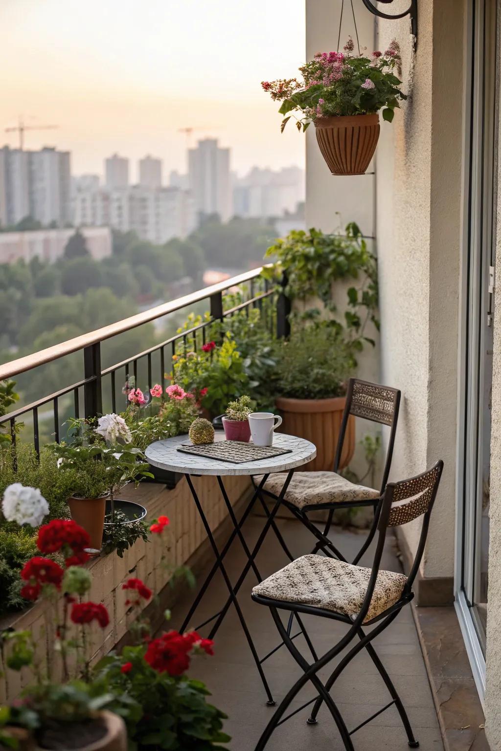 Using a table and chair set, turn a tiny balcony into a comfortable haven.