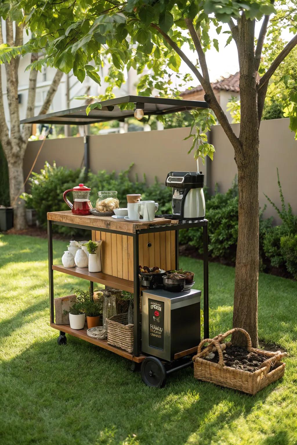 A multipurpose moveable coffee trolley geared up to roll out anywhere in the yard.