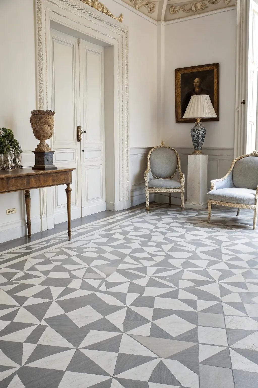 An elegant area featuring monochrome-painted floors, radiating timeless sophistication with minimalist decor.