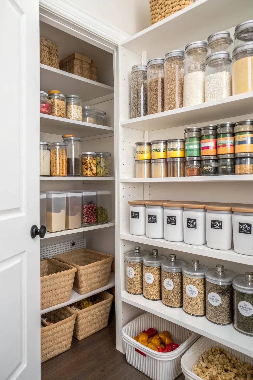 Labeled jars and containers in a pantry create a streamlined and organized appearance.