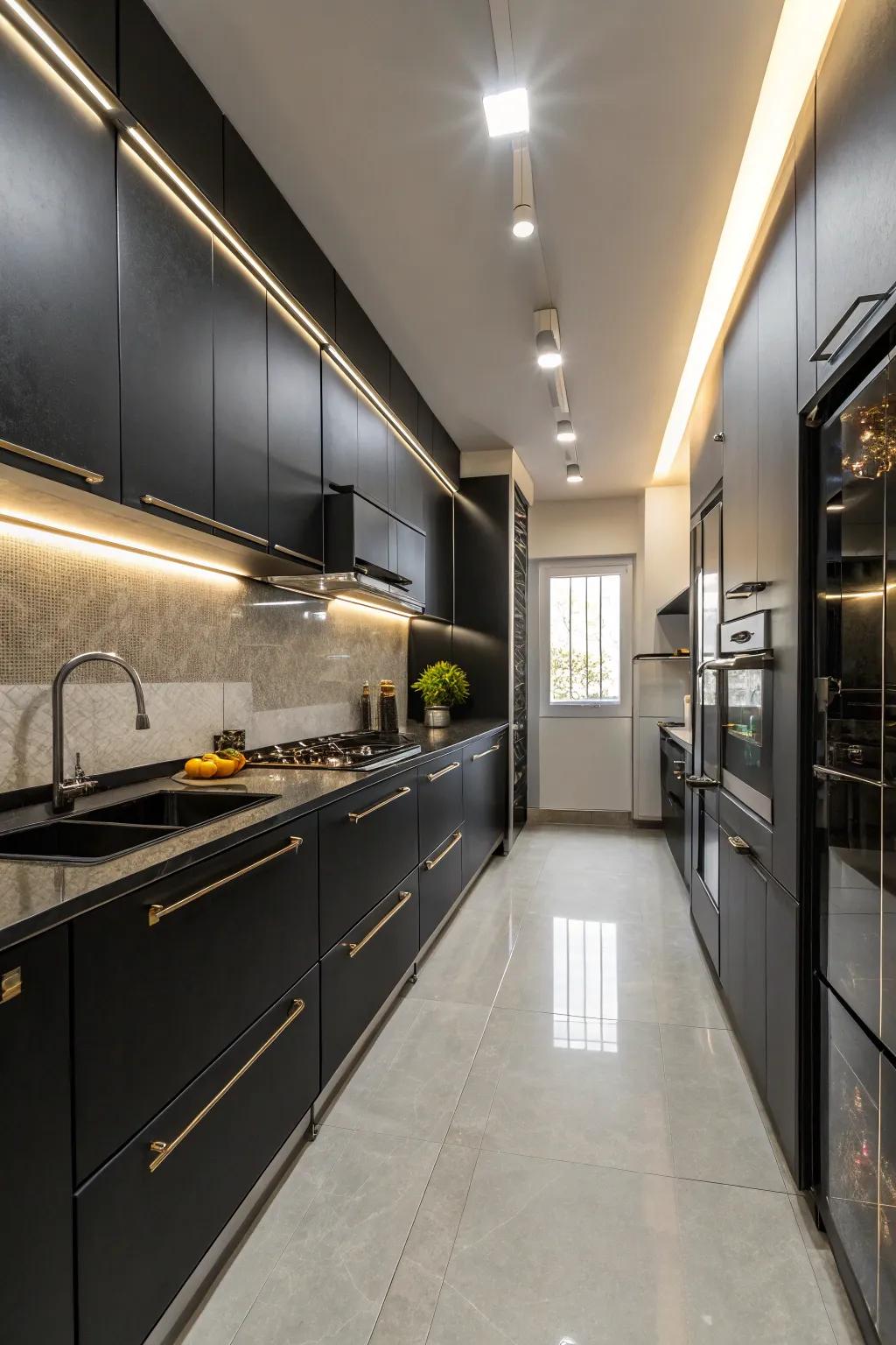 A sleek black kitchen design exudes modern sophistication.