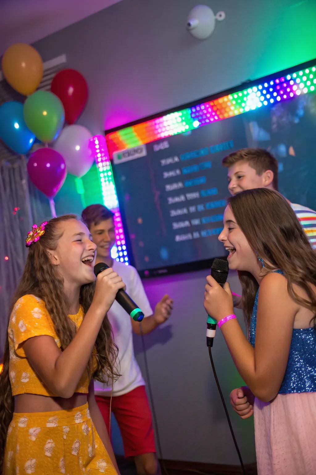 Energetic karaoke night with teens singing and enjoying the music.