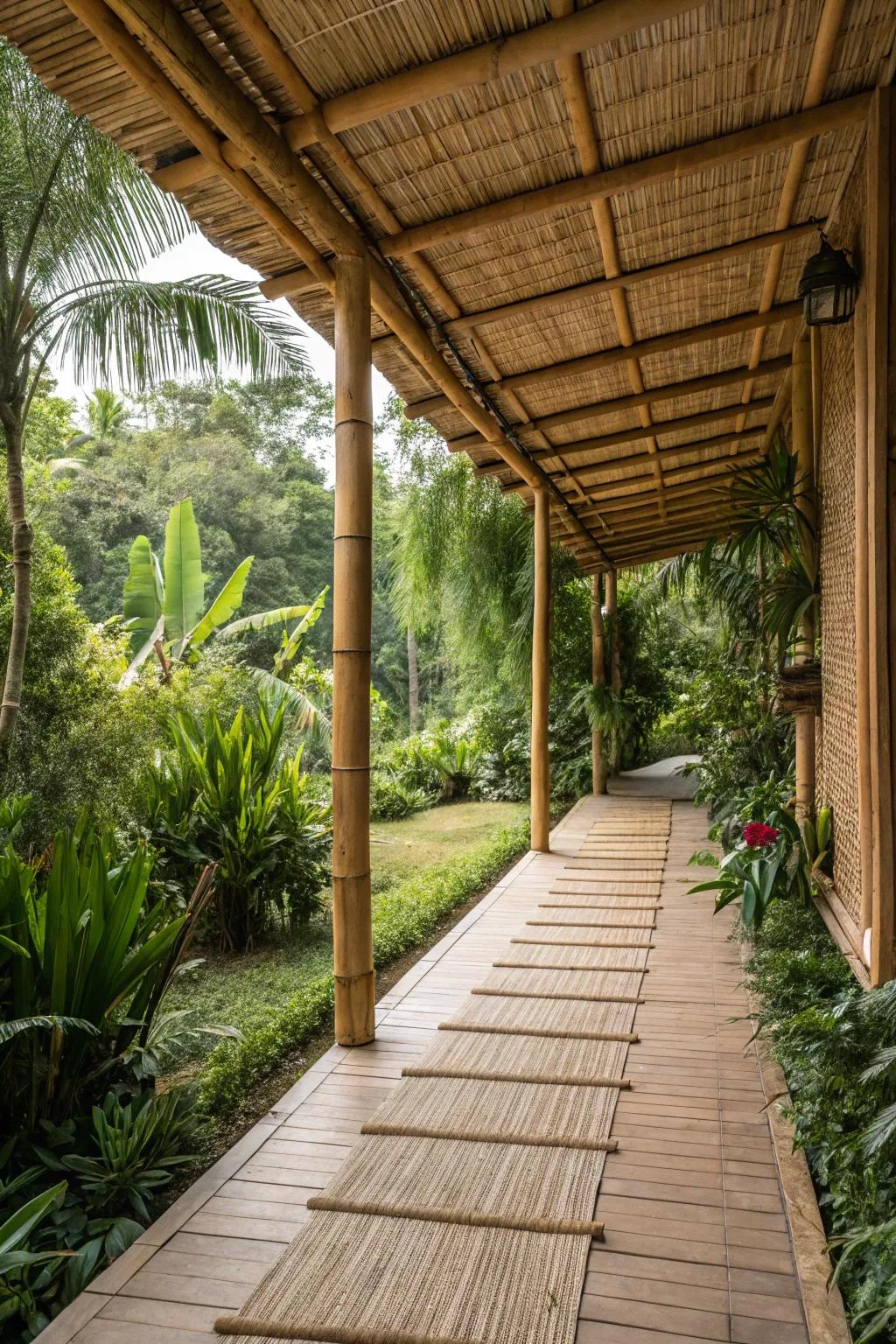 A bamboo and reed canopy infuses a tropical ambiance into your patio.