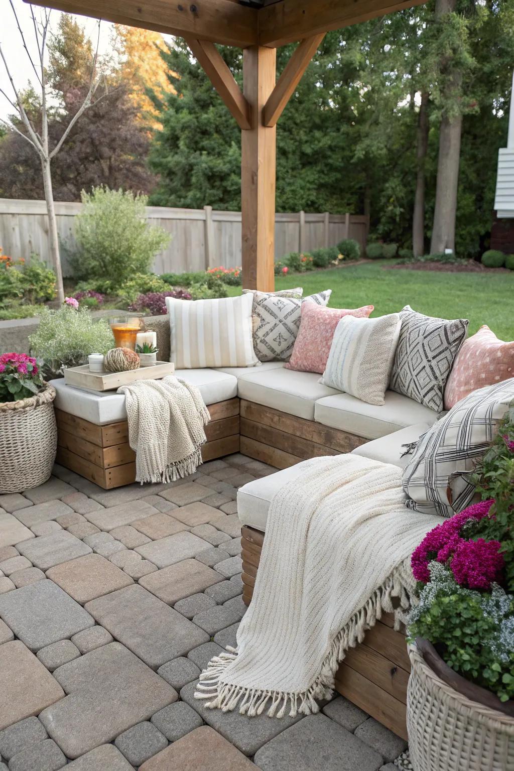 A cozy corner on a paver patio, complete with plush cushions and throws for a relaxing retreat.