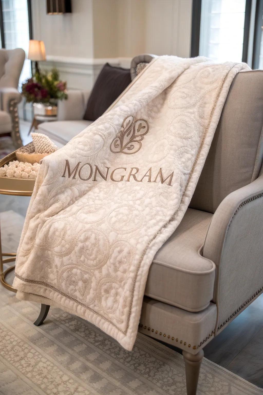 A luxurious blanket with an embossed monogram, adding elegance to any space.