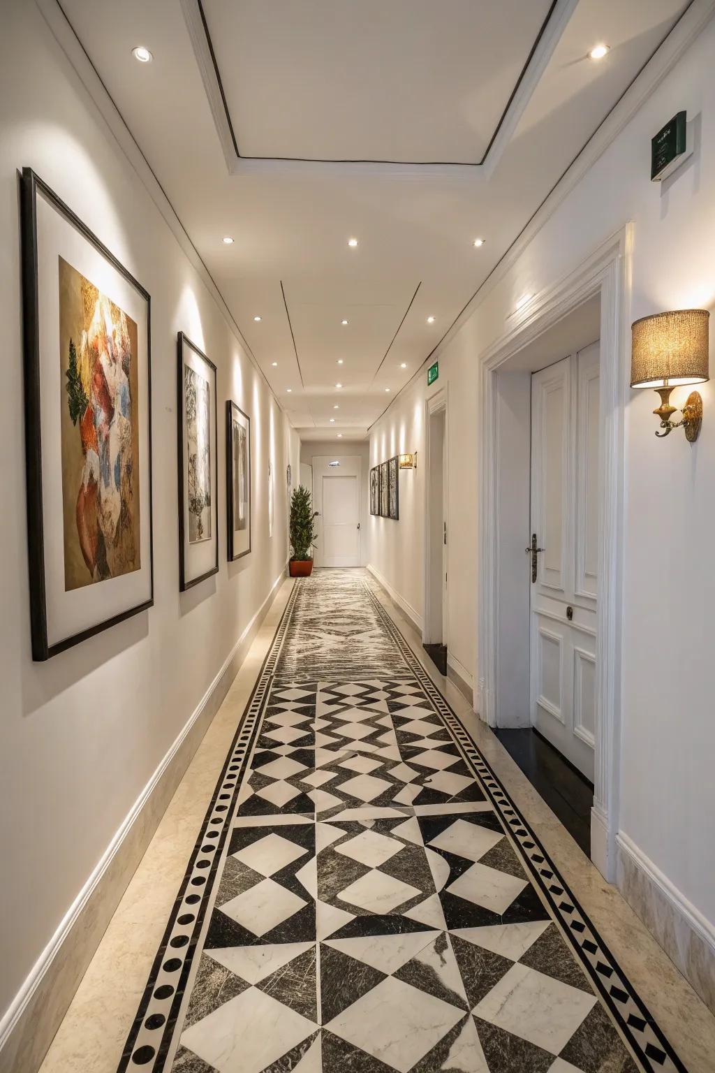 Geometric layouts transform this corridor into a visual masterpiece.