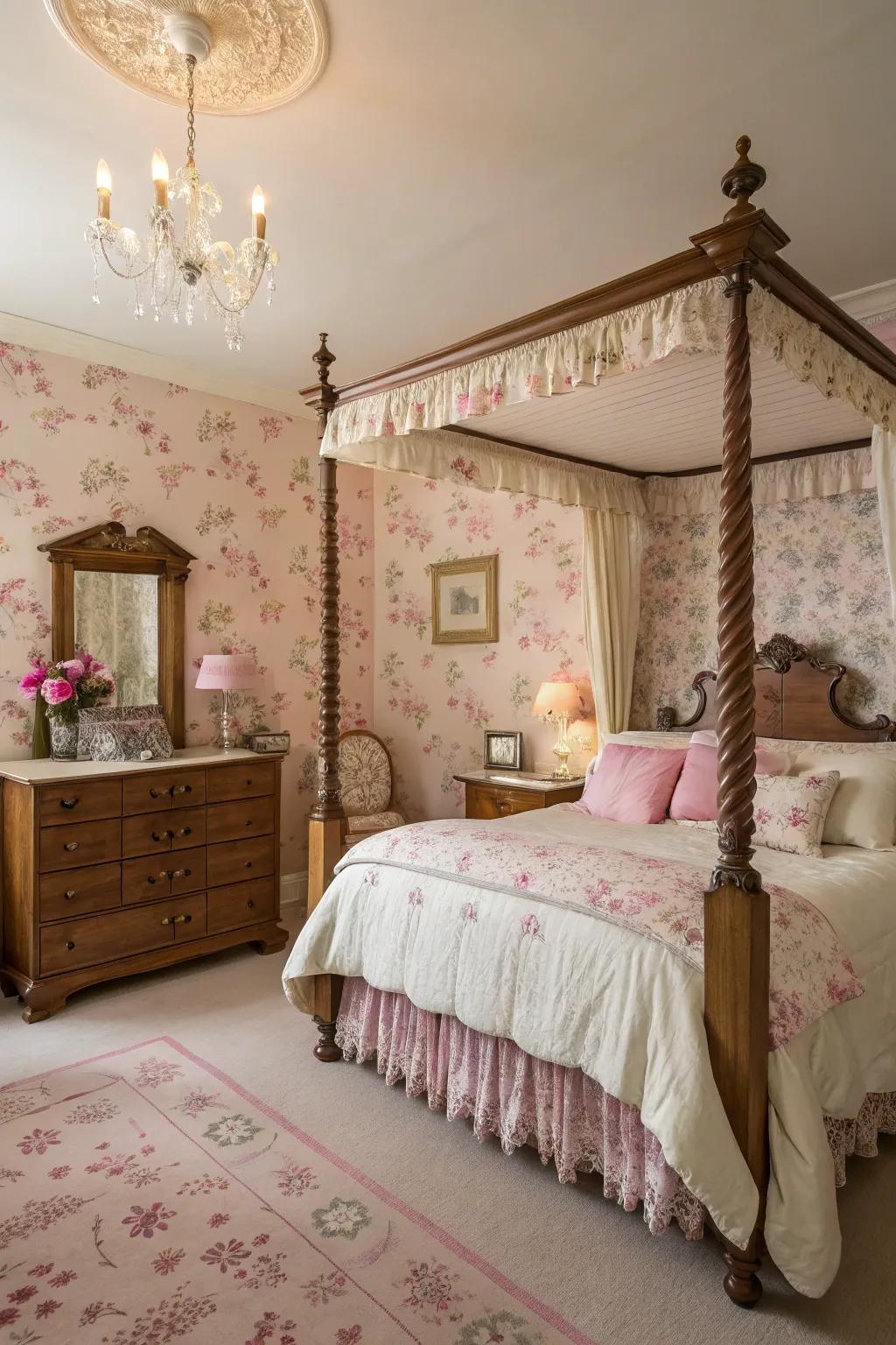 Floral pink wallpaper creates a romantic ambiance in this vintage-inspired bedroom.