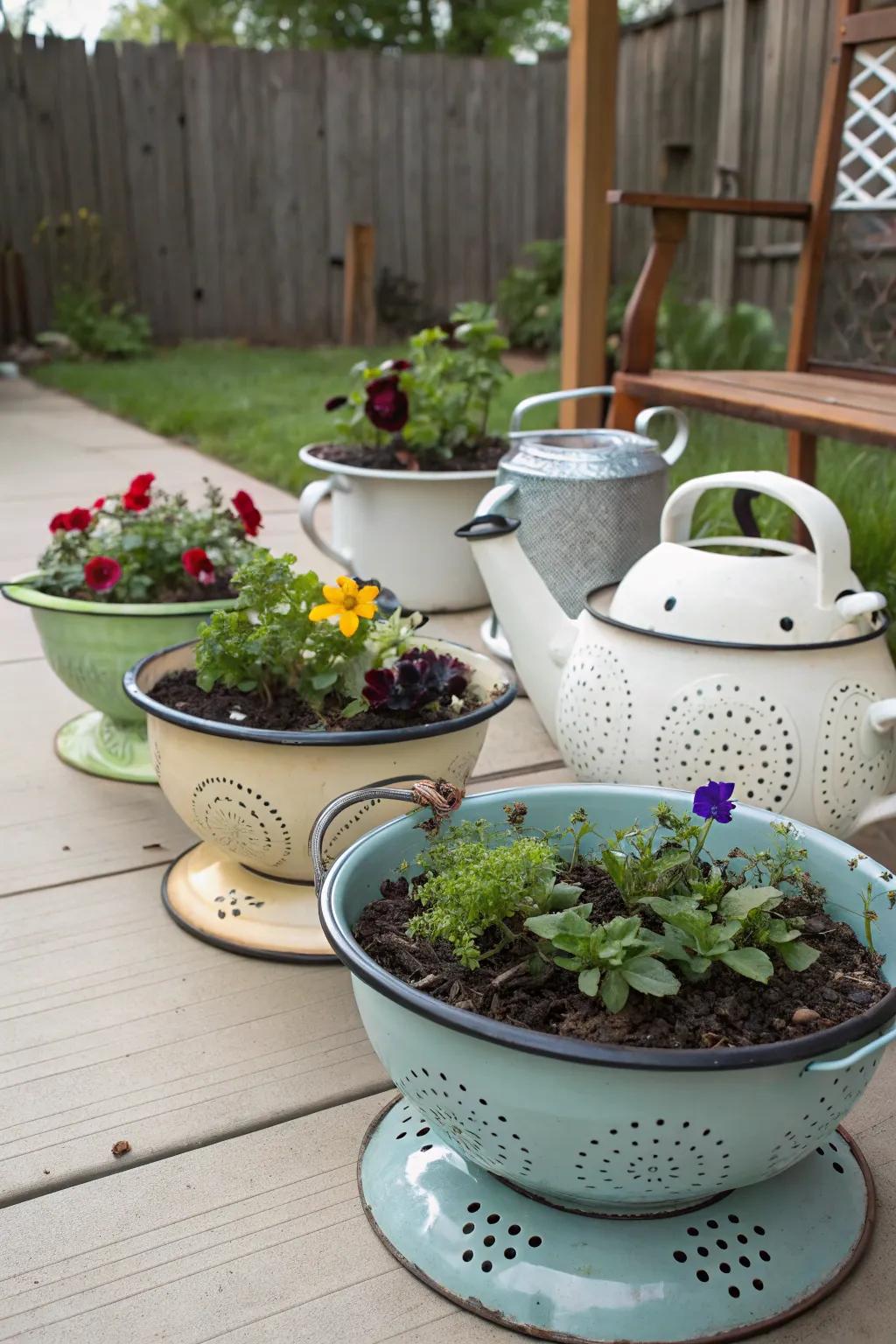 Transform kitchenware into one-of-a-kind planters.