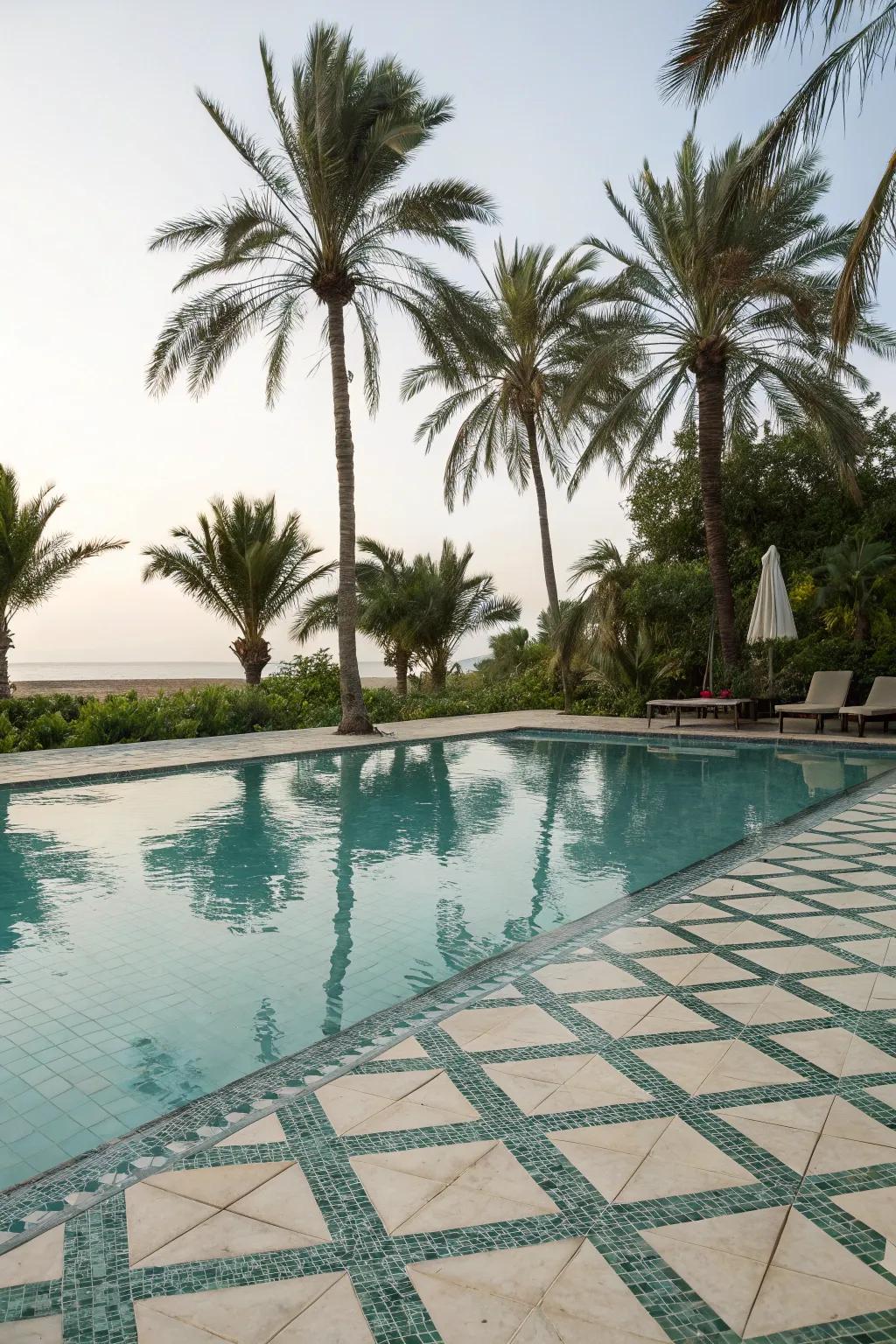 Shimmering-sand ceramics apply a hint of idyllic paradise to your swimming pool.