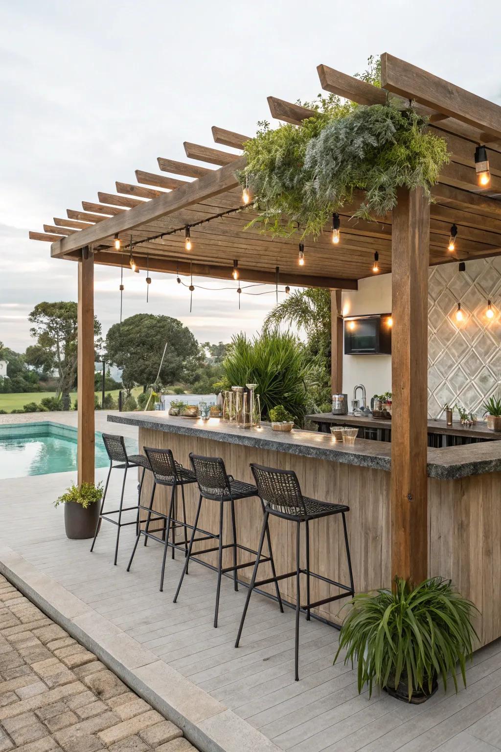 A pergola-covered bar creates a perfect open-air ambiance.