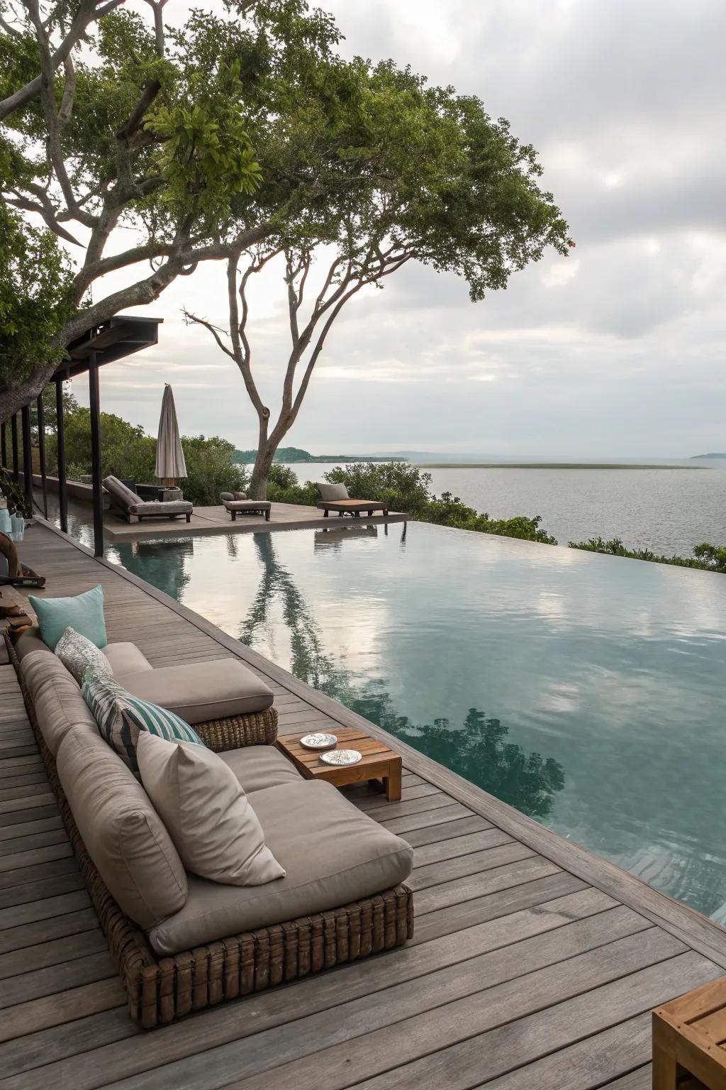 A pool pond accompanied by a cozy deck for ultimate relaxation.