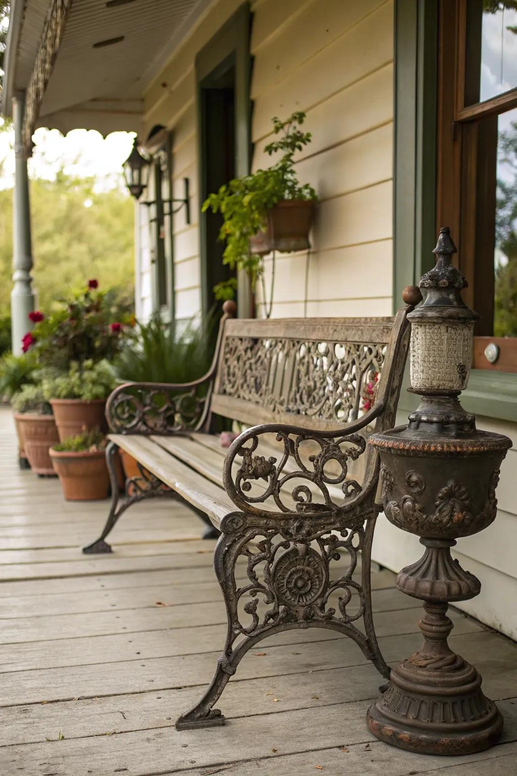 An antique iron bench contributes a timeless element to any veranda.