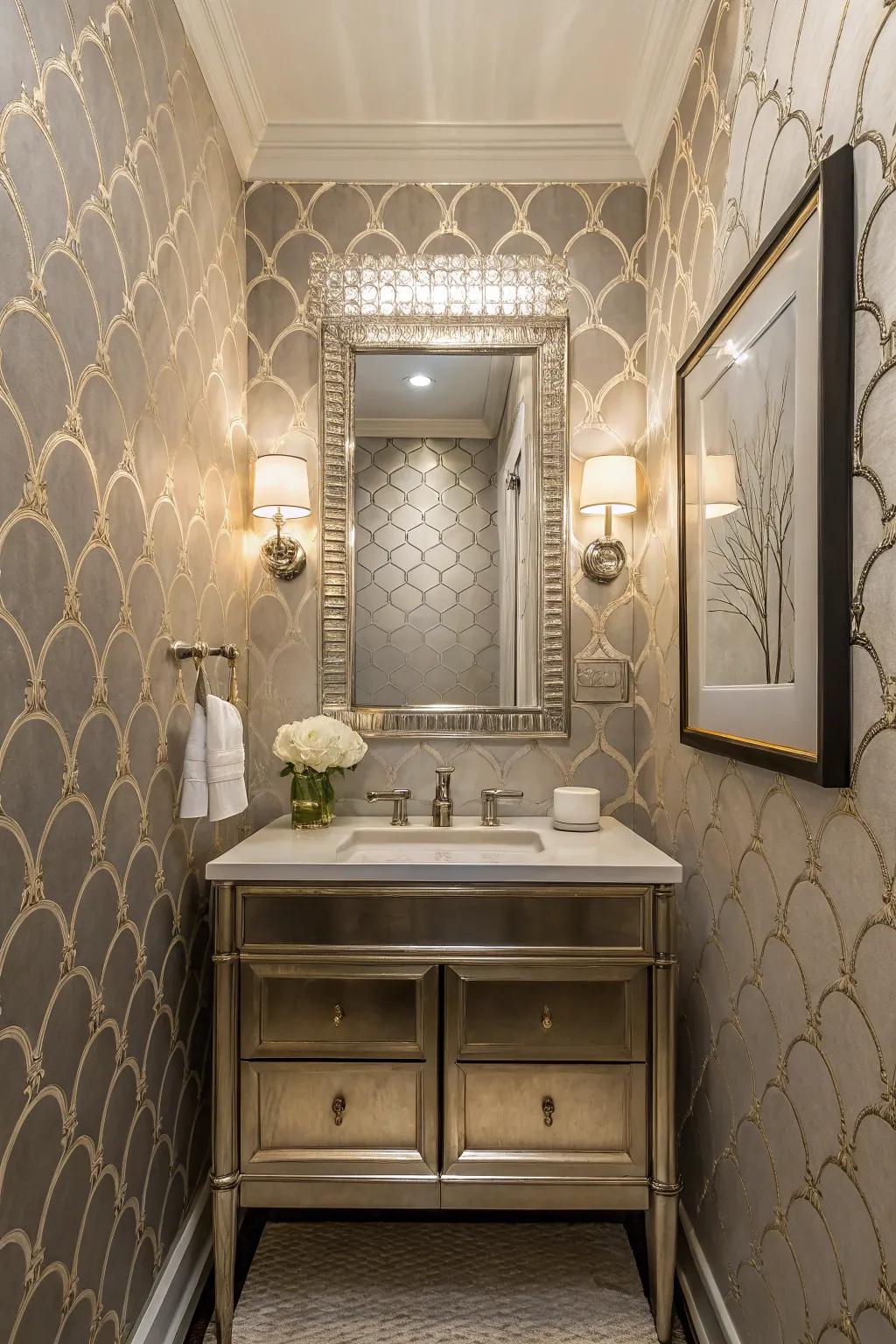 Metallic accents in wallpaper add a touch of elegance and grandeur.