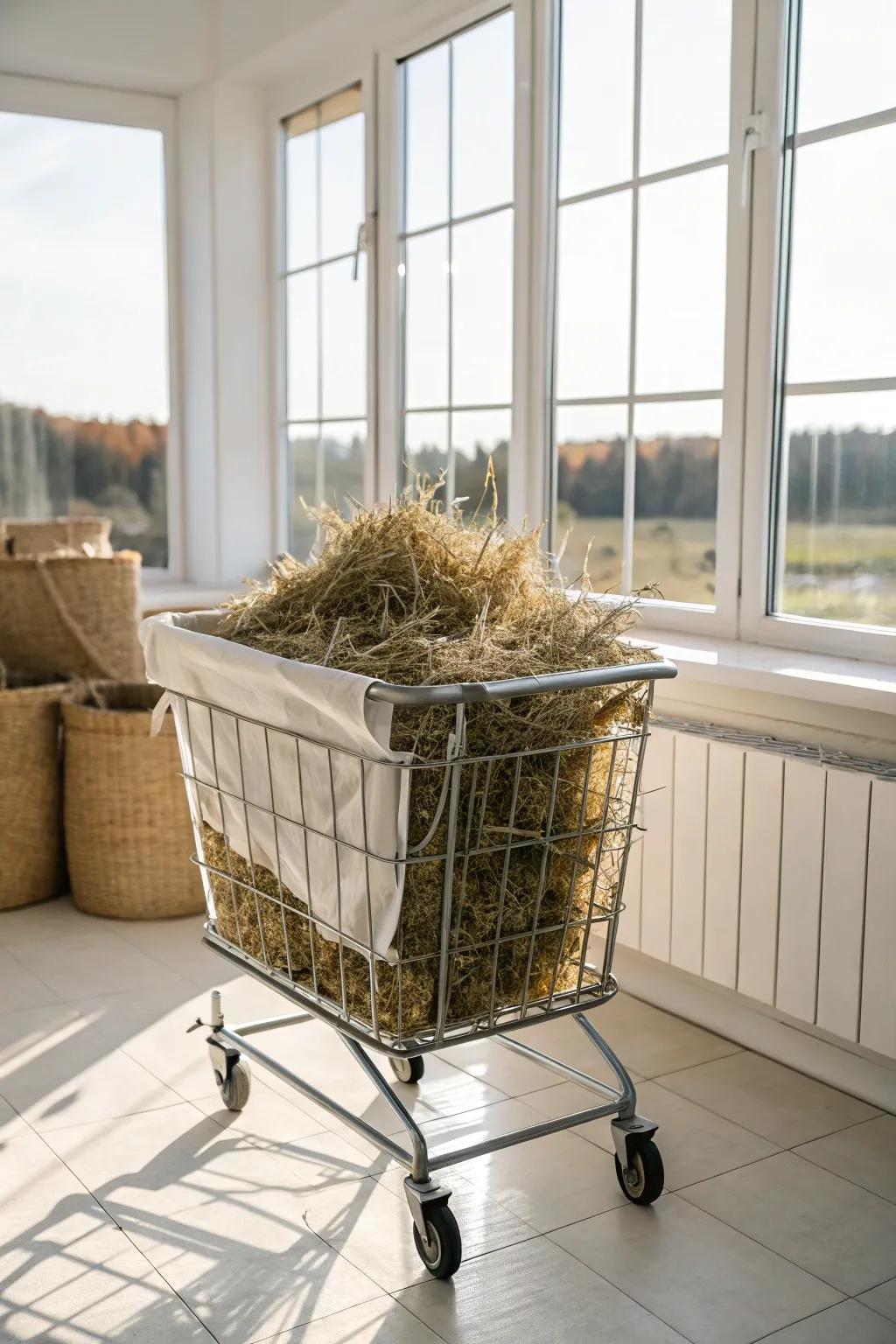 A movable laundry basket trolley provides convenient hay storage.