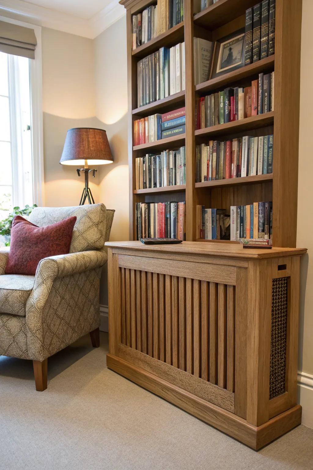 A wooden radiator cover adds a warm, natural touch to a reading nook.