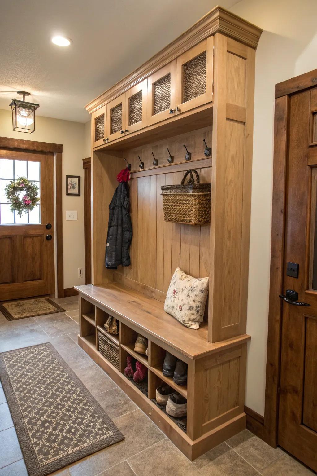 A functional storage bench offers both seating and organizational benefits.