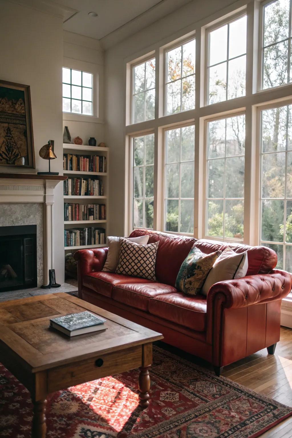 Sunlight can wonderfully emphasize the complexion and texture features belonging to a scarlet hide sofa.