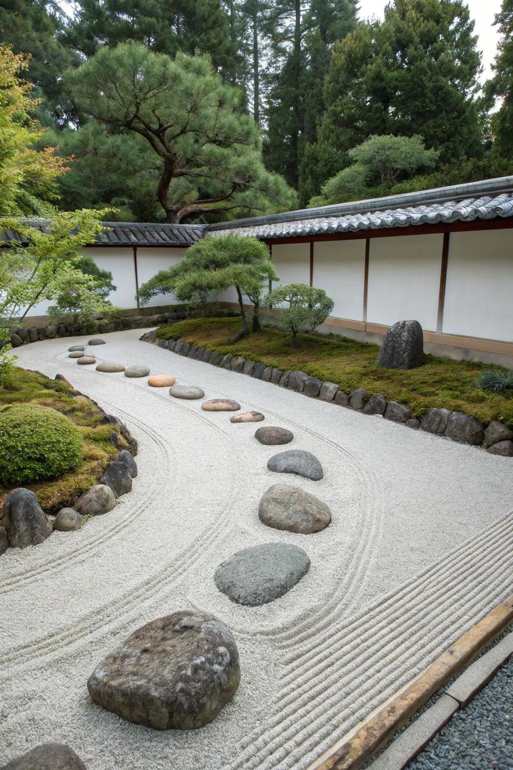 A minimalist Zen rock garden with structured rocks and raked gravel.