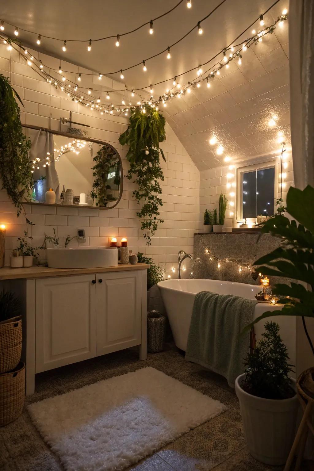 Fairy lights add a touch of magic to your romantic bath setting.