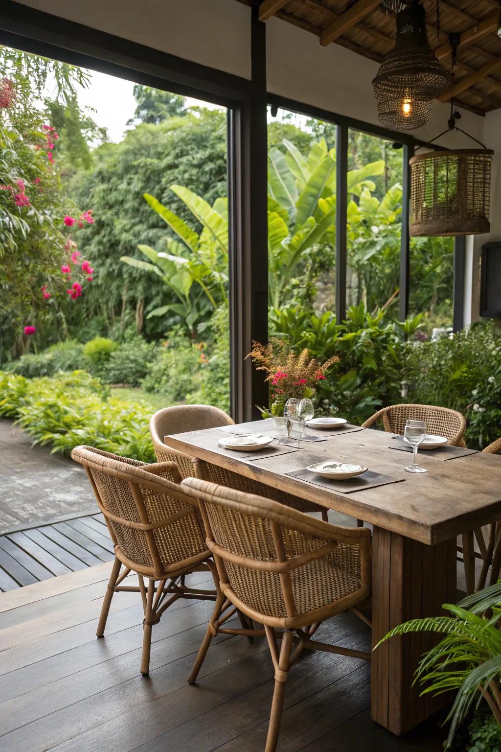 Raw materials amplify the inviting feel of your dining space.
