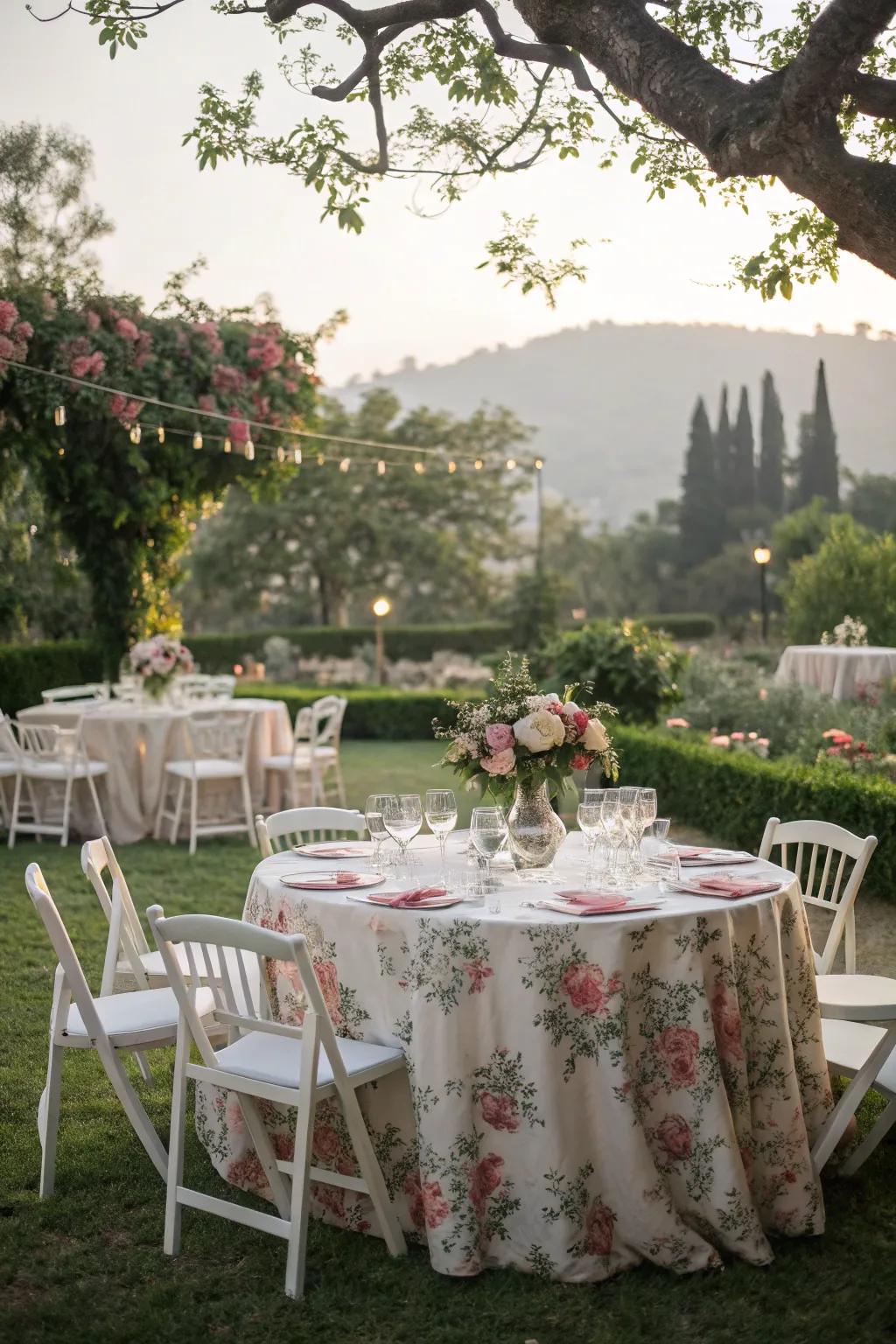 Floral patterned tablecloth adding whimsy to a garden wedding.