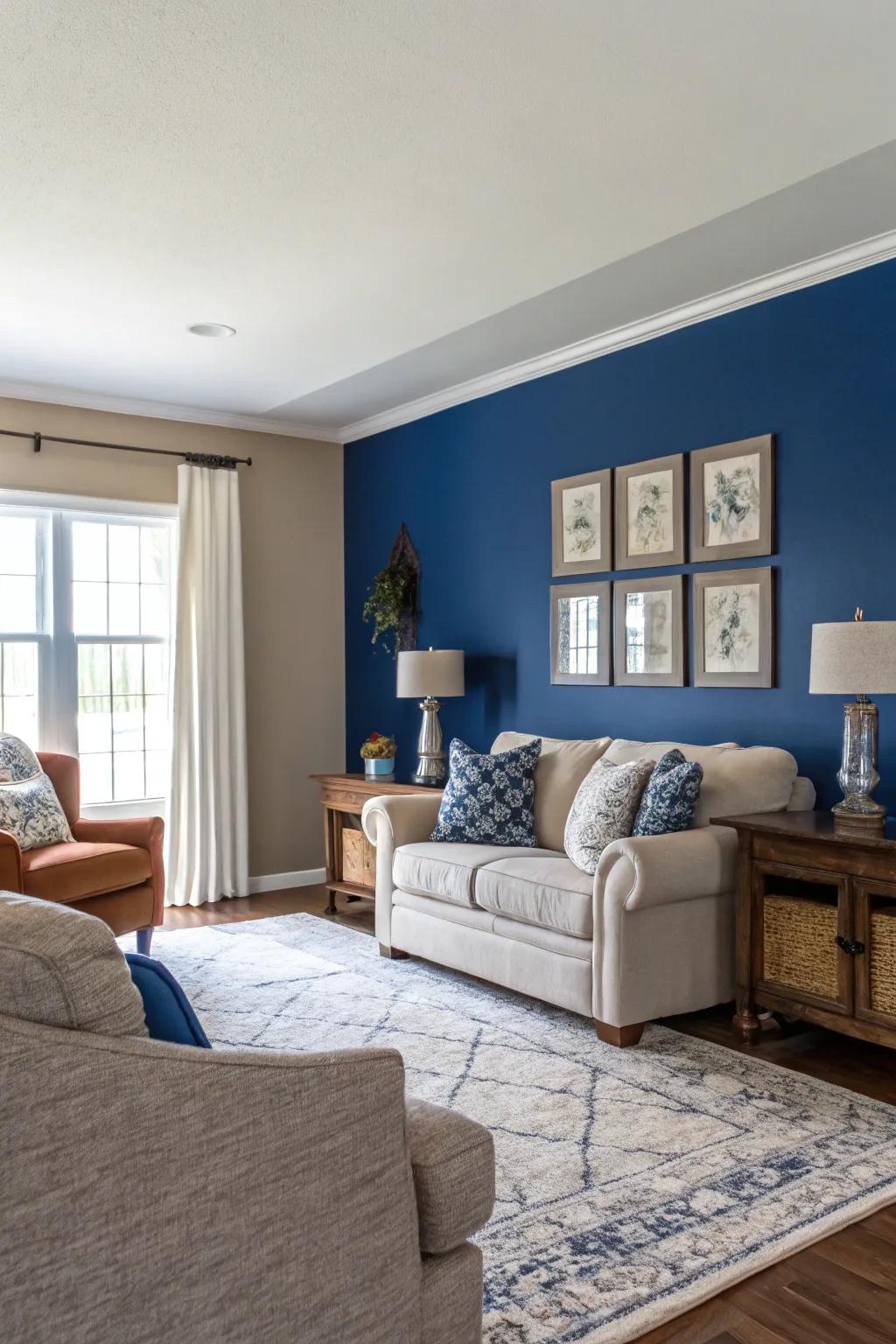 A sapphire feature wall adds depth without dominating the space.