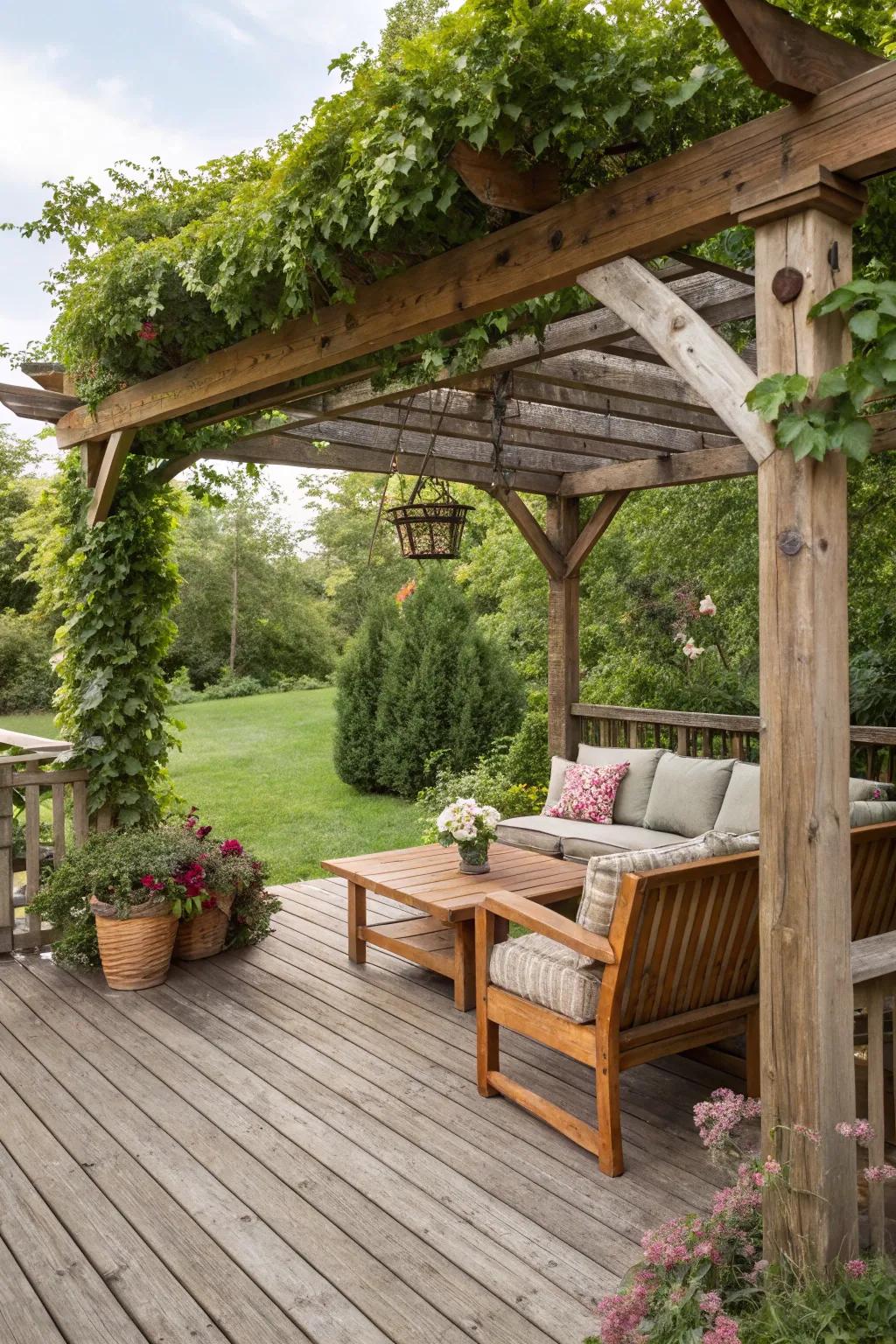 A wood overhead trellis offers shade and flair to this open-air space.