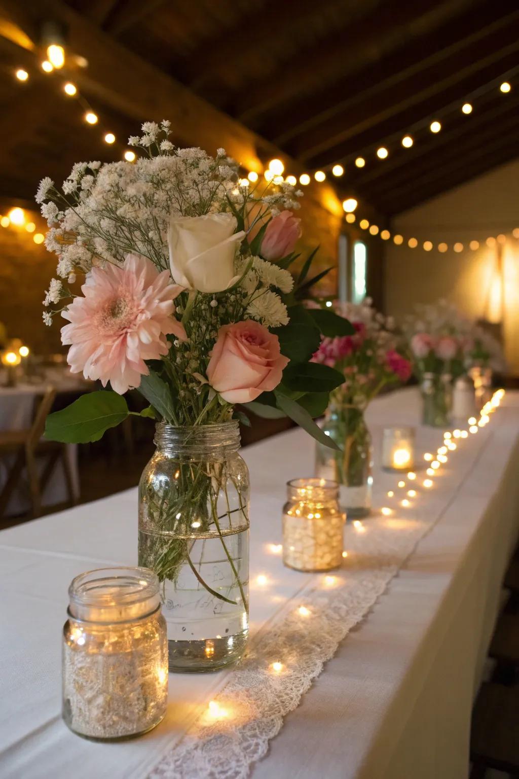Bricklayer containers filled with blossoms and lighting
