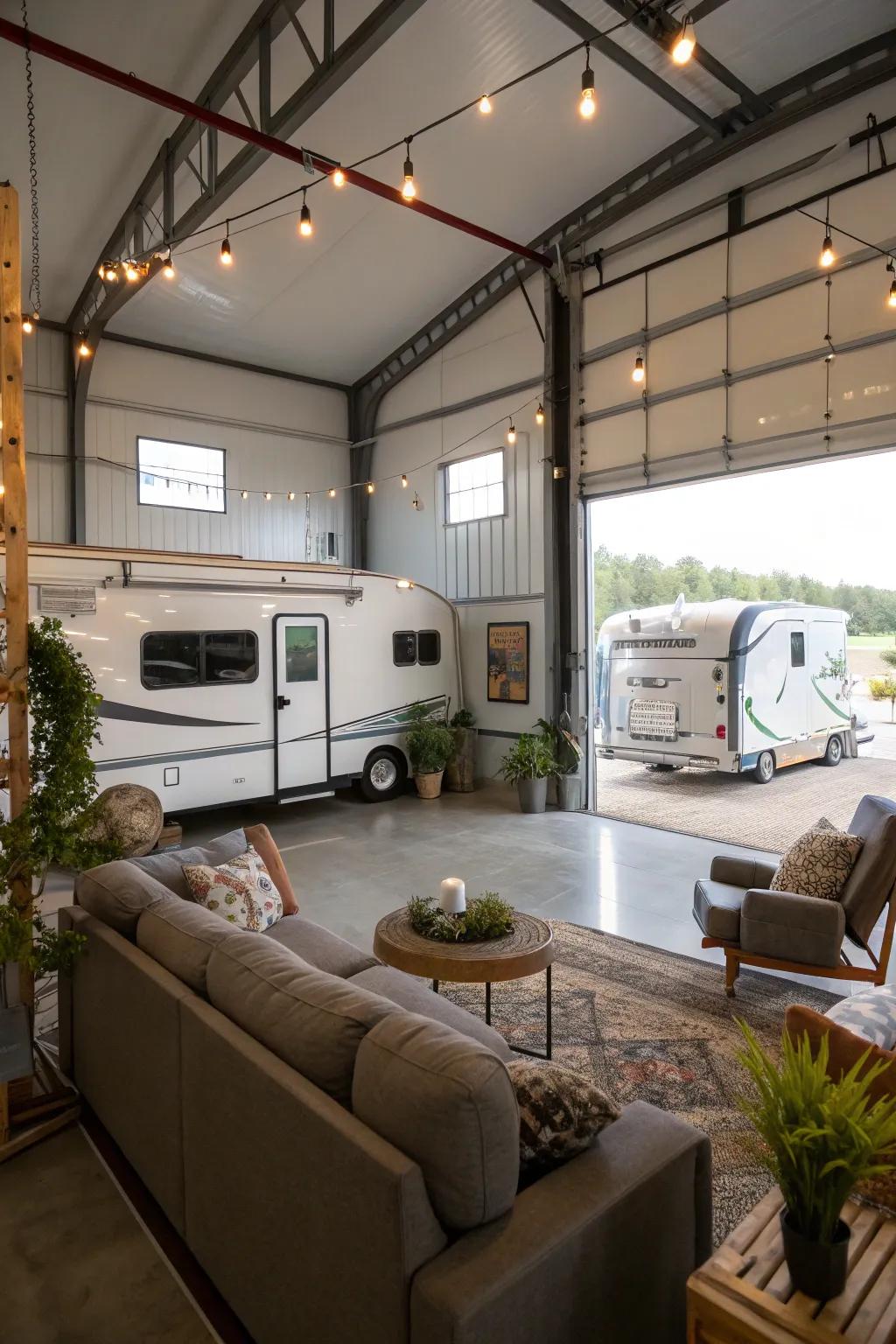 Raised platform in an RV garage delivering a snug escape atop storage.
