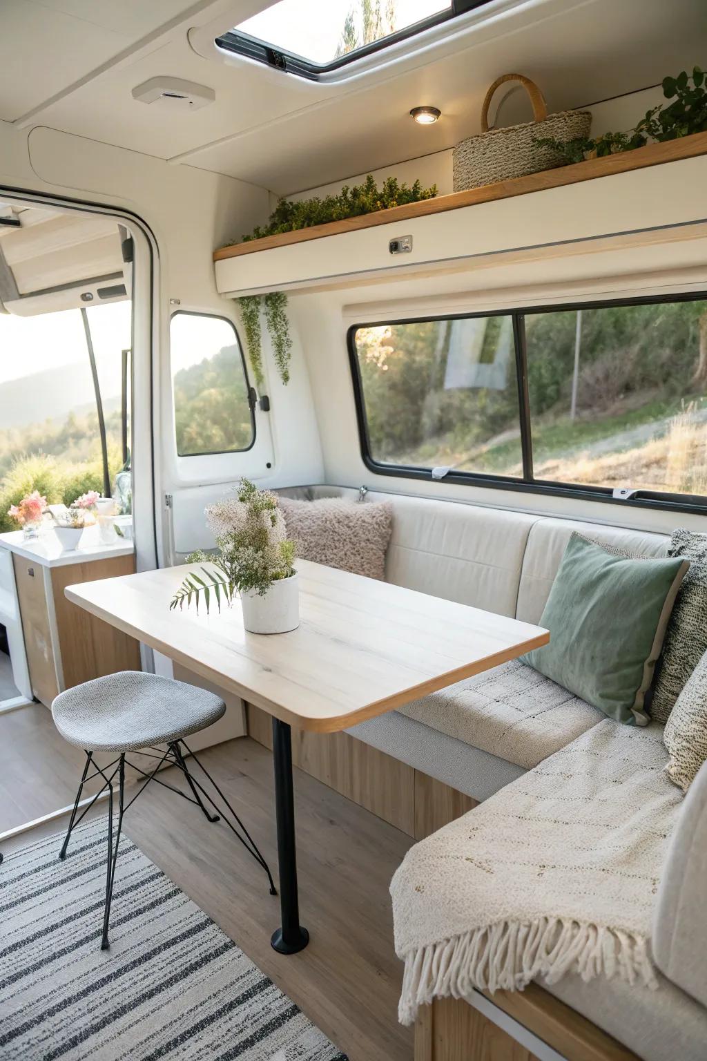A modern table aesthetic ensures your RV remains sleek and trendy.