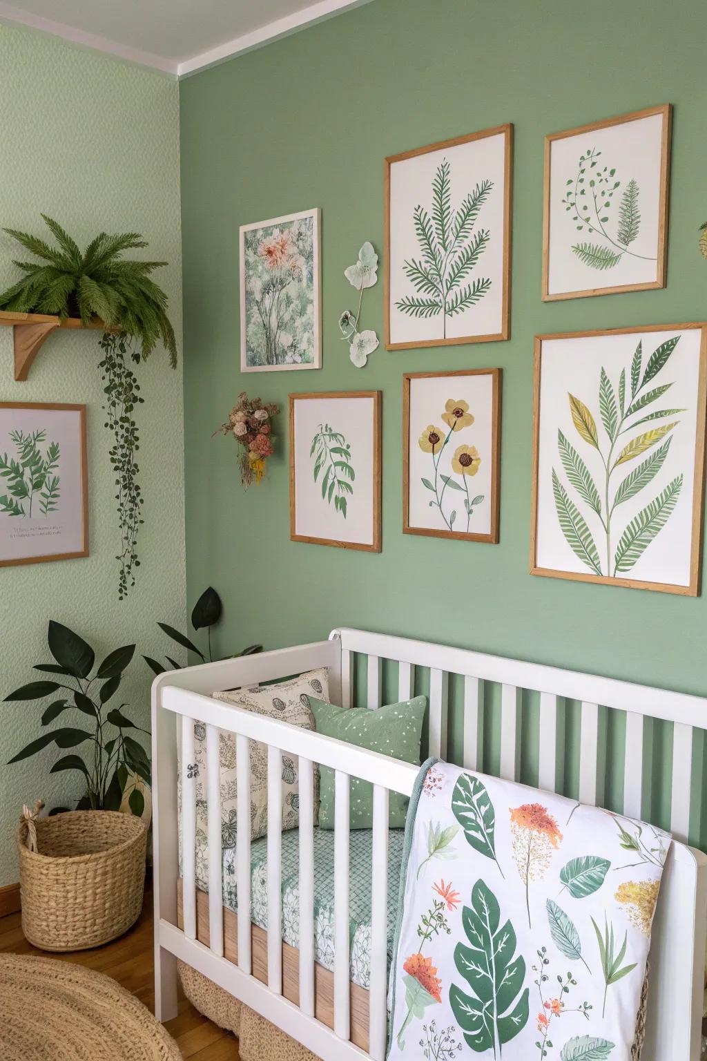 Nature-inspired wall art enhances the calming theme of a sage green nursery.