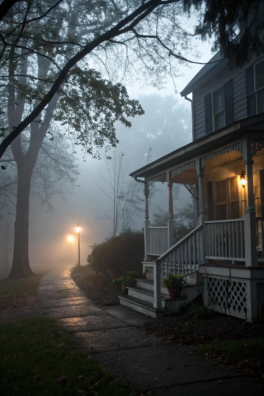 Fog rolls over a dimly lit porch, adding an air of mystery.