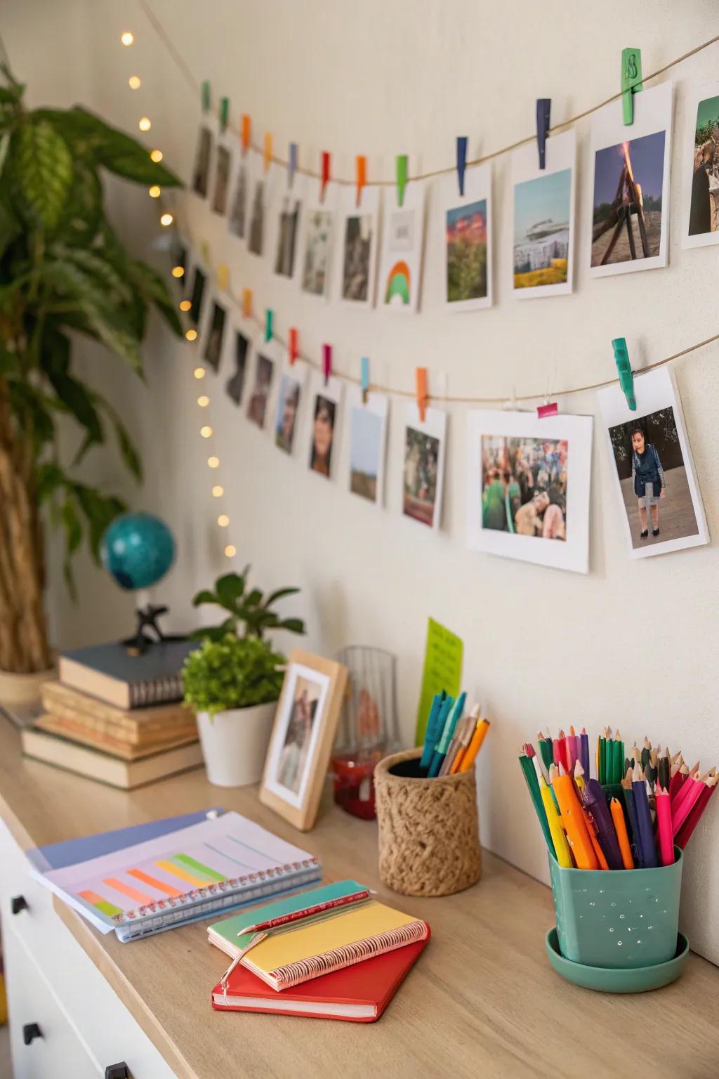 String and clip display for school photos.