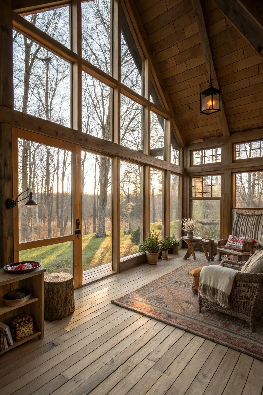 An airy shed home interior with large windows allowing for abundant natural light.