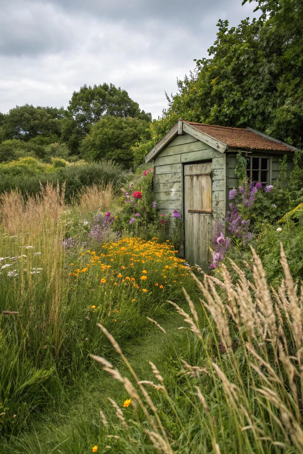 A shed harmoniously hidden within nature's embrace.