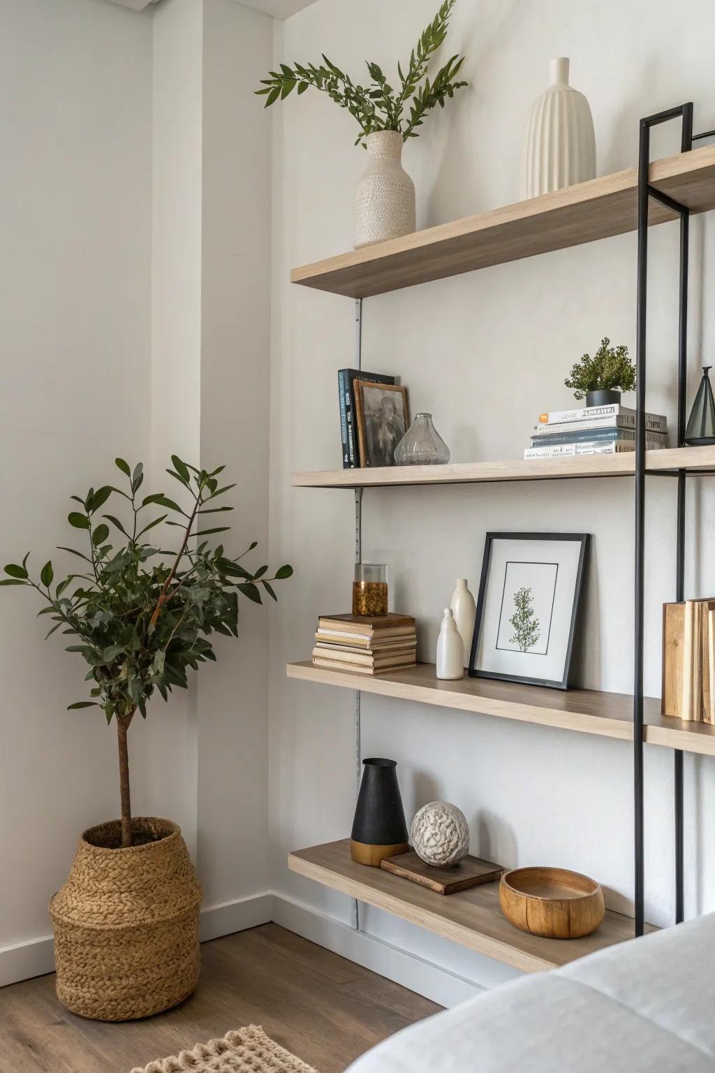 Minimalist decor creates a serene and uncluttered shelf.