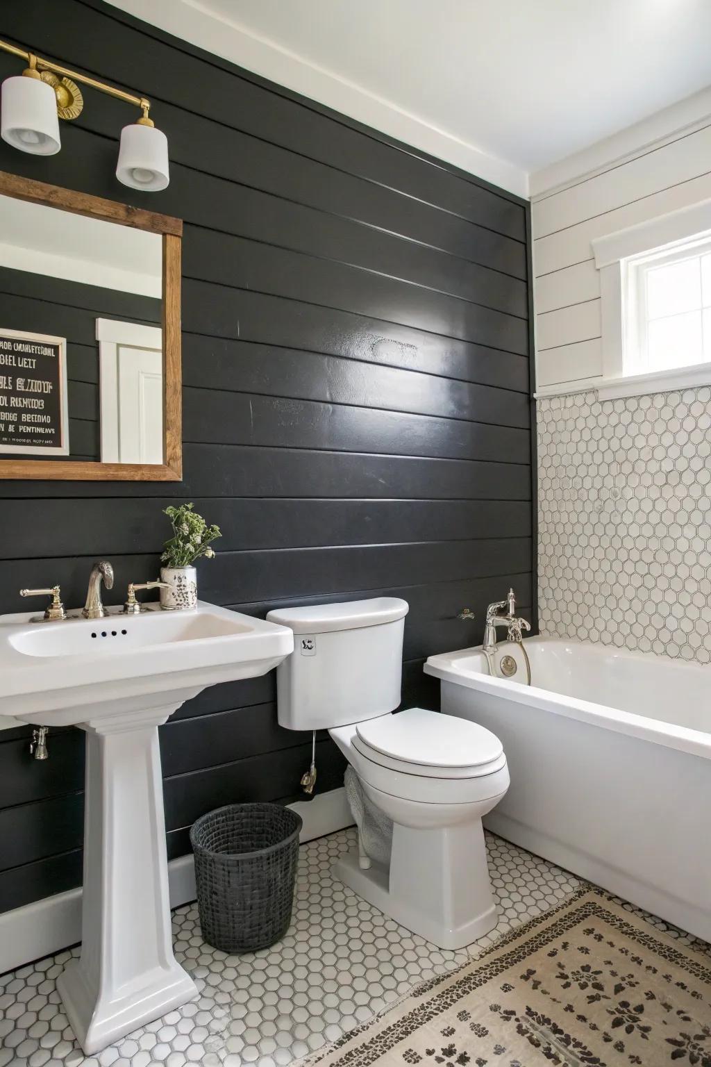 A bathroom with a black shiplap accent wall for a bold look.