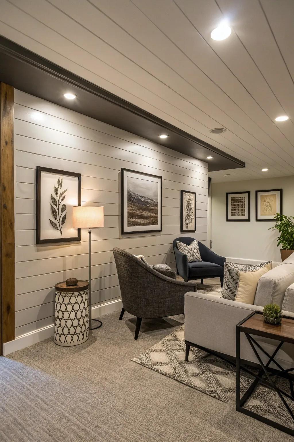 A striking shiplap accent wall that adds texture.