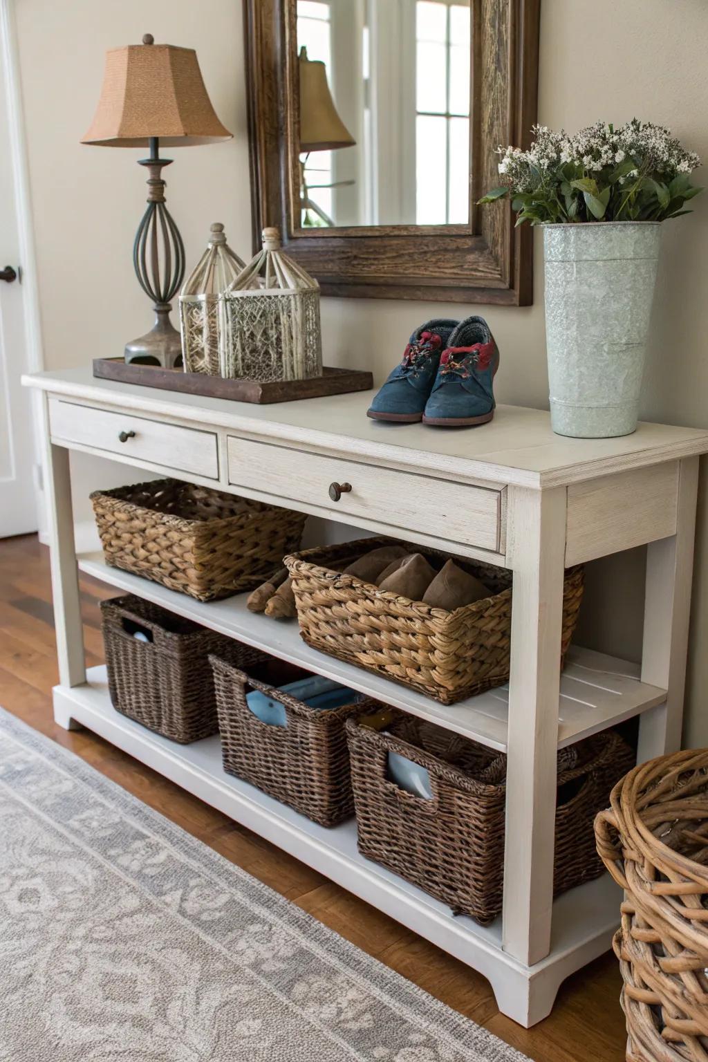 Entryway tables with baskets underneath blend storage with decor seamlessly.