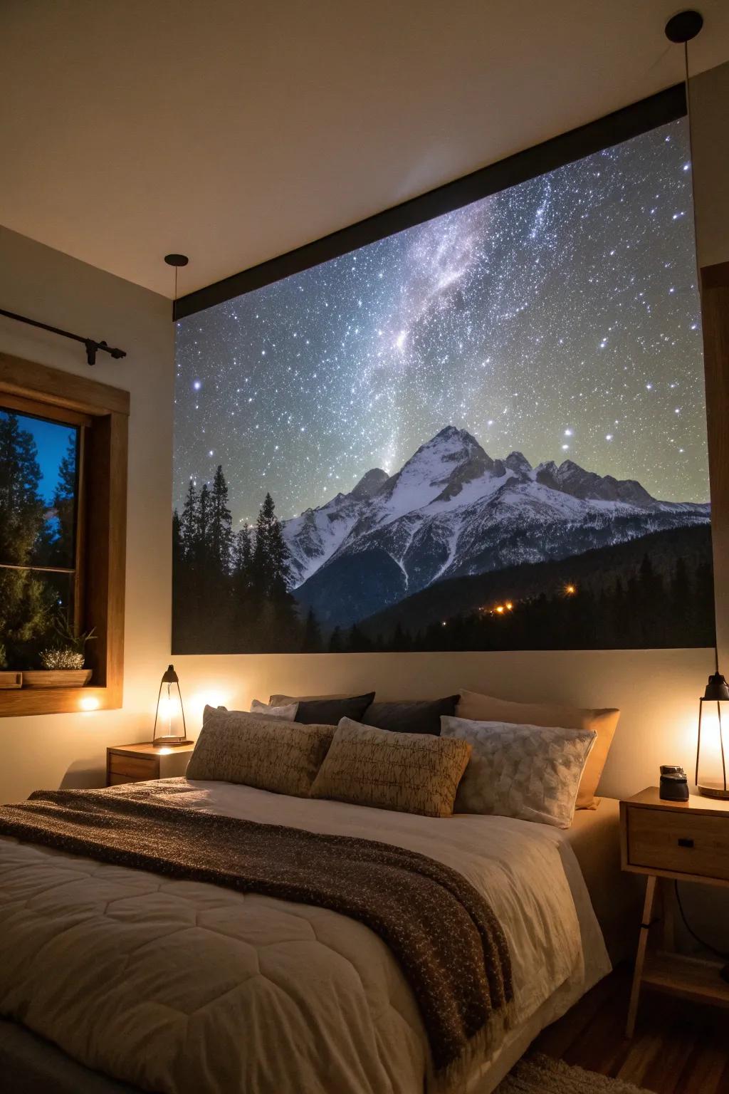 Mountain silhouette art gives a bedroom a sense of vastness.